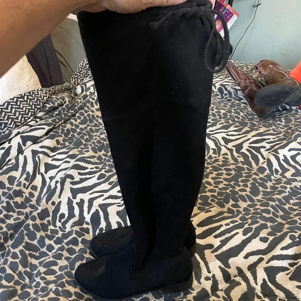 Black Knee High Boots Drawstring Trendy Size‎ 6 Time and Tru